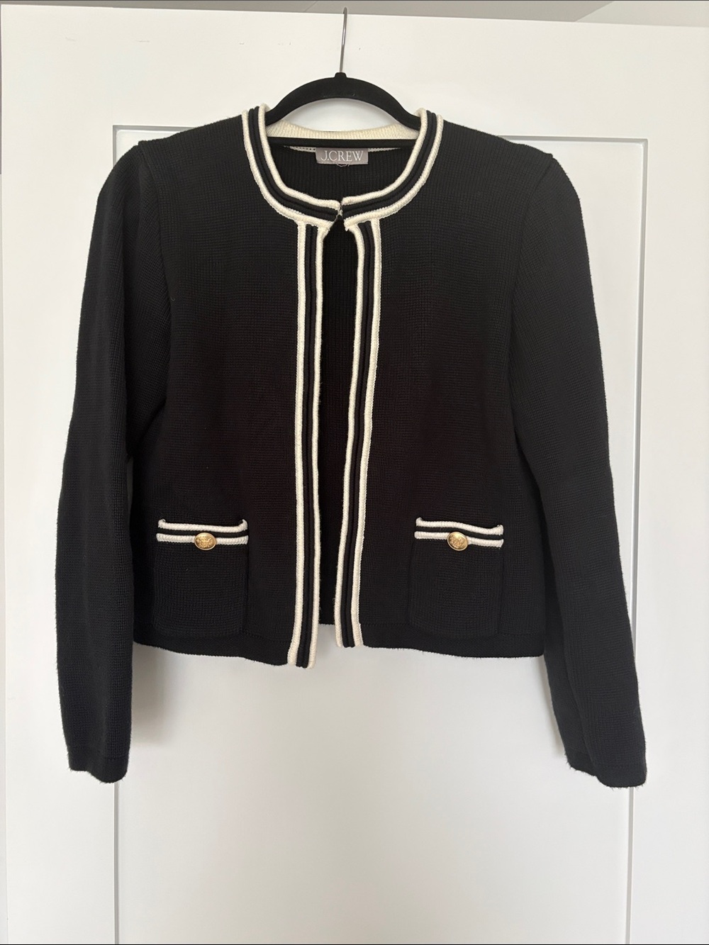 J. Crew Black Collarless Blazer Sweater with Ivory Trim